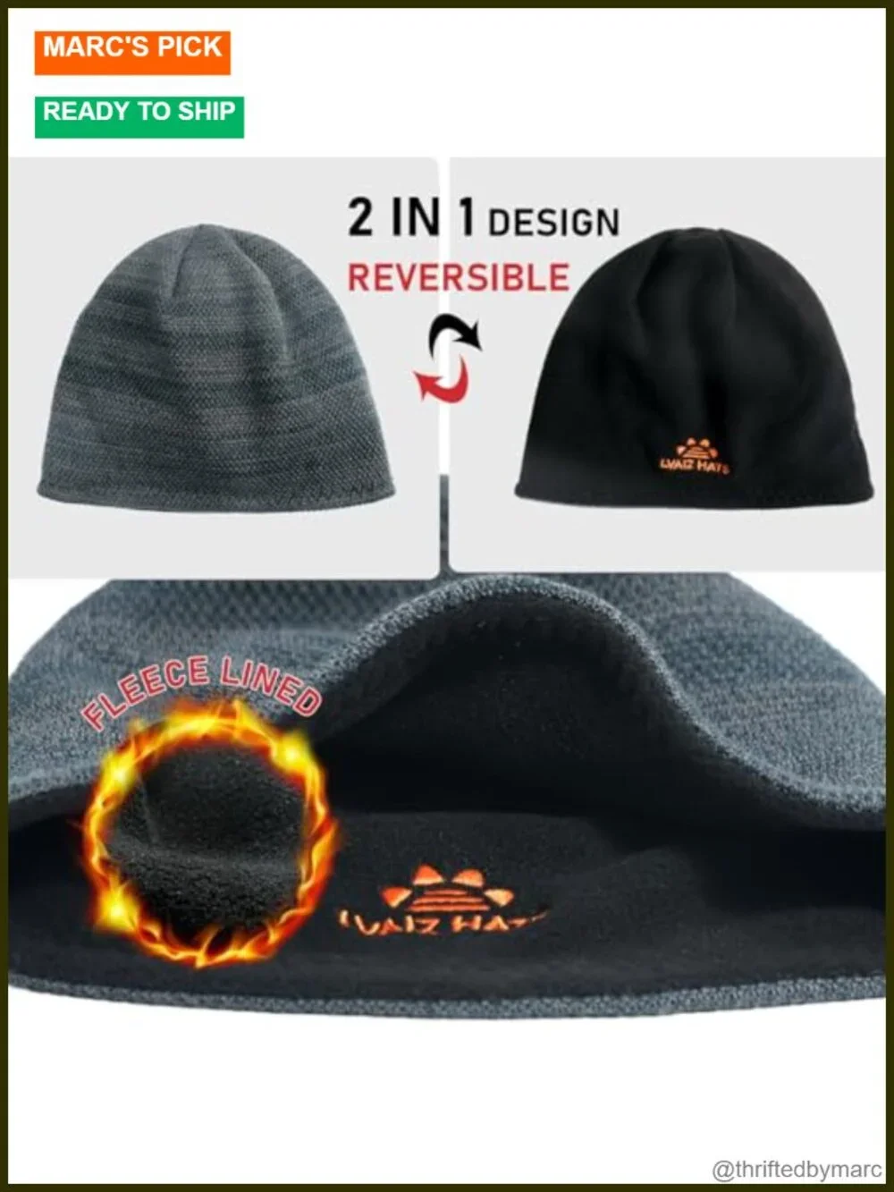Reversible Fleece Lined Knit Beanie Hat 2 Pack Windproof Outdoor Unisex